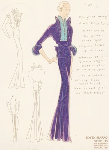 Item nr. 155953 Pl. 24. Purple and blue, tulip moiré jacket with ruched sides and pleated sleeve trimming. Original Fashion Illustration. Edyth Sparag.