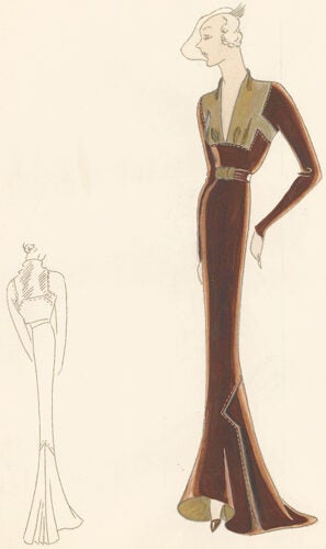 Pl. 21. Espresso, long-sleeved gown with square-cut, plunging neckline ...