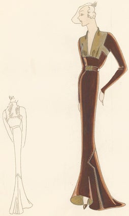 Item nr. 155956 Pl. 21. Espresso, long-sleeved gown with square-cut, plunging neckline with gold...