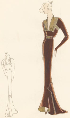 Item nr. 155956 Pl. 21. Espresso, long-sleeved gown with square-cut, plunging neckline with gold details and saddle stitching. Original Fashion Illustration. Edyth Sparag.