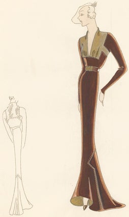 Pl. 21. Espresso, long-sleeved gown with square-cut, plunging neckline with gold details and saddle stitching. Original Fashion Illustration.