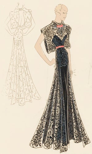 Item nr. 155958 Pl. 22. Navy lace slip with kimono sleeves, ascot, and open back, over sweetheart gown, with coral accents. Original Fashion Illustration. Edyth Sparag.