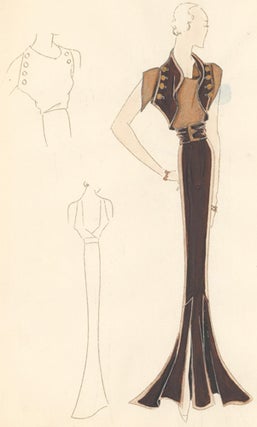 Item nr. 155959 Pl. 20. Espresso mermaid gown with cowl neck and buckle, and a button-up shrug....