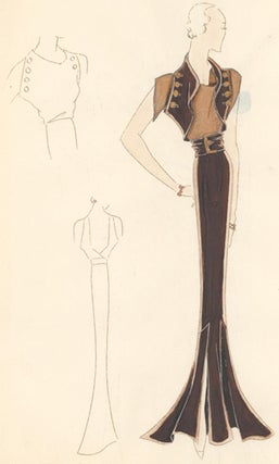 Pl. 20. Espresso mermaid gown with cowl neck and buckle, and a button-up shrug. Original Fashion Illustration.
