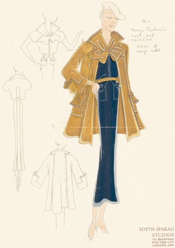 Item nr. 155976 Pl. 1. Navy wool, belted gown with button pockets, and a honey cashmere coat with bow detail. Original Fashion Illustration. Edyth Sparag.