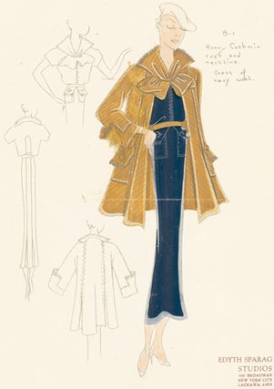 Pl. 1. Navy wool, belted gown with button pockets, and a honey cashmere coat with bow detail. Original Fashion Illustration.
