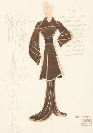 Item nr. 155977 Pl. 29. Sepia-colored, button-down gown with square neck and cross straps, and a...