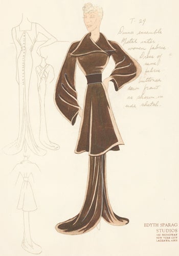 Item nr. 155977 Pl. 29. Sepia-colored, button-down gown with square neck and cross straps, and a wrap-around, loose trench jacket. Original Fashion Illustration. Edyth Sparag.