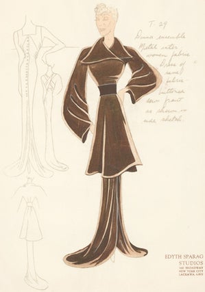 Pl. 29. Sepia-colored, button-down gown with square neck and cross straps, and a wrap-around, loose trench jacket. Original Fashion Illustration.