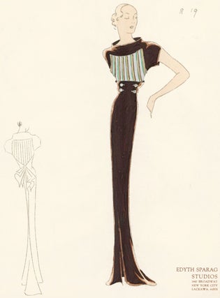 Pl. 19. Cowl-neck, shortsleeve gown in sepia brown with gold, silver, and emerald striped yoke. Original Fashion Illustration.