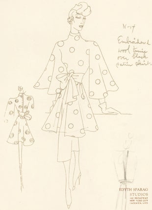 Pl. 14. Embroidered wool tunic with angel sleeves and high neck, over black satin pencil skirt. Original Fashion Illustration.