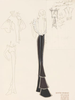 Item nr. 155981 Pl. 23. Black gown with white, ruffled trim on neck with open back, exposing...