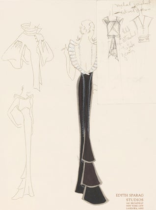 Pl. 23. Black gown with white, ruffled trim on neck with open back, exposing beaded narrow straps, and tiered, ruffled train. Original Fashion Illustration.
