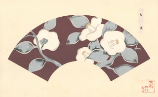 White flowers and silver leaves on a dusty plum background. Japanese Fan Design.