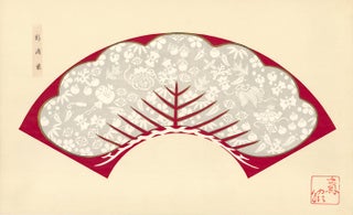 Red background with gray and white decorative tree. Japanese Fan Design.
