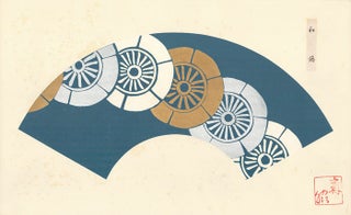 Blue background with white, silver and gold wheels. Japanese Fan Design.