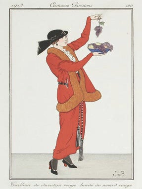 Tailleur de duvetyn rouge bordé de renard rouge. Costumes Parisiens.
