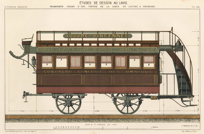Item nr. 156786 Tramways, Dessin d'une Doiture de la Ligne du Lourve a Vincennes. Le Praticien Industriel. Stanislas Petit.