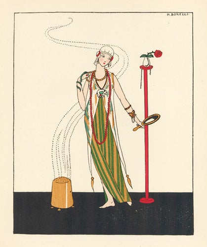 Item nr. 156821 Woman in a Green Dress holding a Mirror. Le Dessus du Panier. M. de Borelli-Vranska.
