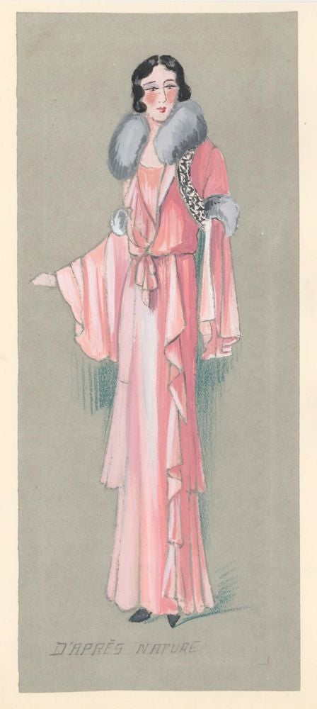 Item nr. 156905 Woman in a Pink Dress with Fur Collar. D'apres Nature (drawn from life). French School.
