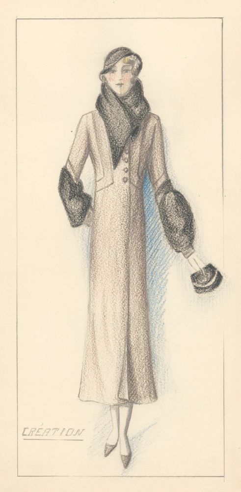Item nr. 156906 Woman Wearing Long Brown Coat with a Black Collar. French School.
