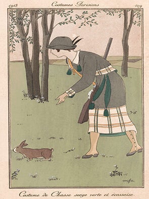 Costume de Chasse serge verte el écossaise. Costumes Parisiens.