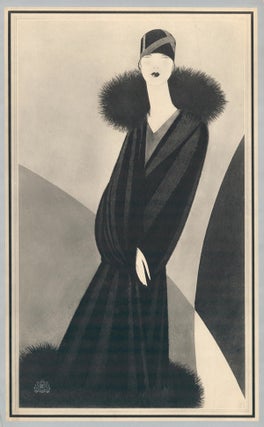 Woman wearing black fur coat with soft black trim and a geometric cap. Trade Catalogue.