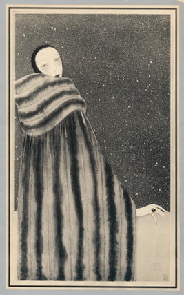 Woman draped in luxurious fur cape with starry background. Trade Catalogue.