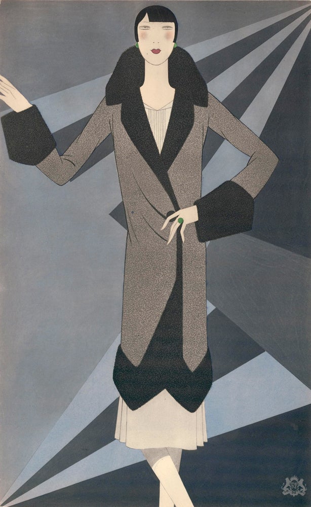 Item nr. 157506 Woman wearing fitted trench with black fur lining, on blue geometric background. Trade Catalogue. Reynaldo Luza, Revillon Frères.