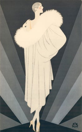 Item nr. 157508 Woman draped in white fur coat with trimmed collar, on blue geometric background....