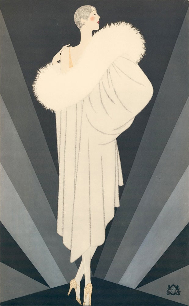 Item nr. 157508 Woman draped in white fur coat with trimmed collar, on blue geometric background. Trade Catalogue. Reynaldo Luza, Revillon Frères.