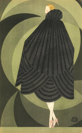 Item nr. 157510 Blonde woman in luxurious, black fur cape and pink heels, on green geometric...