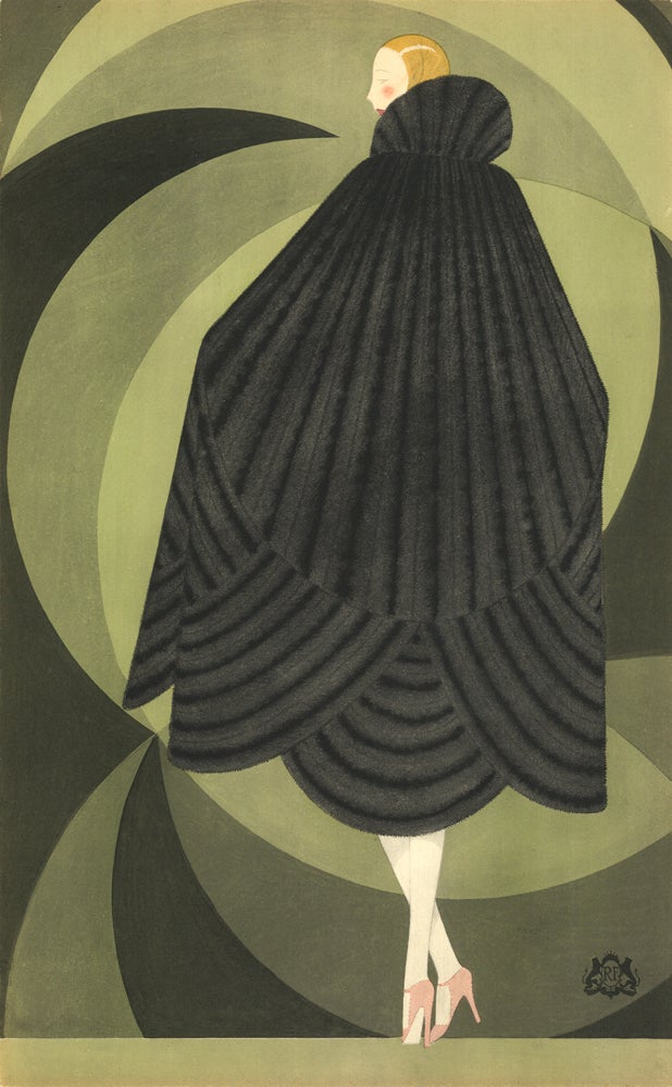 Item nr. 157510 Blonde woman in luxurious, black fur cape and pink heels, on green geometric background. Trade Catalogue. Reynaldo Luza, Revillon Frères.