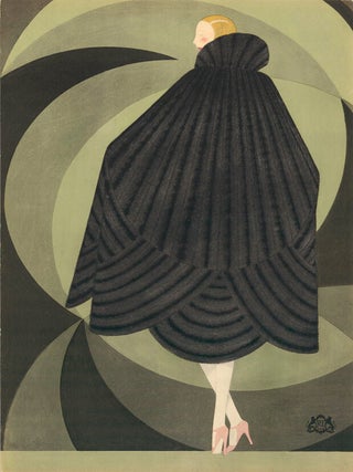 Blonde woman in luxurious, black fur cape and pink heels, on green geometric background. Trade Catalogue.