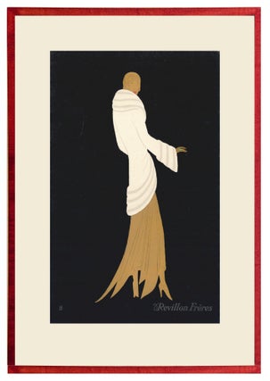 Item nr. 157514 Woman in gold wearing white fur coat, on black background. Trade Catalogue....