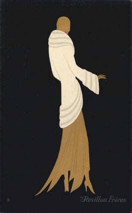 Item nr. 157514 Woman in gold wearing white fur coat, on black background. Trade Catalogue....