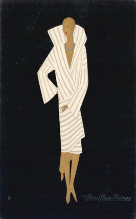 Item nr. 157515 Woman in gold wearing white, striped fur coat with large collar, on black...