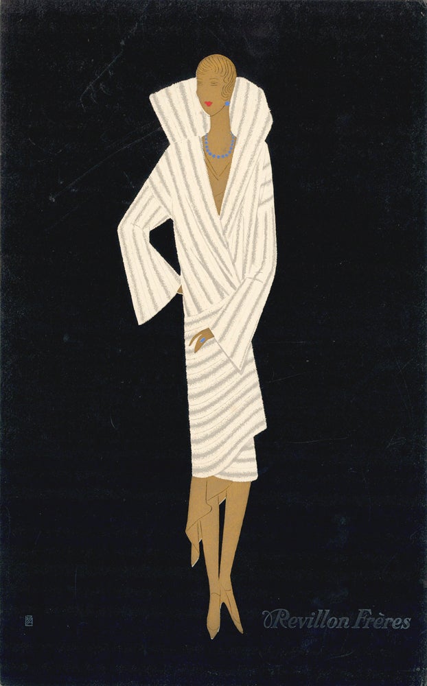 Item nr. 157515 Woman in gold wearing white, striped fur coat with large collar, on black background. Trade Catalogue. Reynaldo Luza, Revillon Frères.