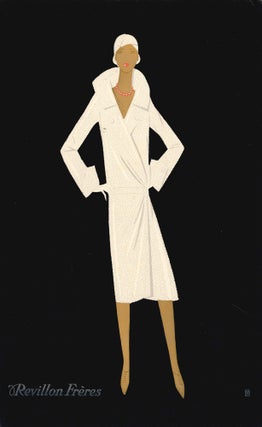 Item nr. 157518 Woman in gold wearing fitted fur trench coat and cap, on black background. Trade...