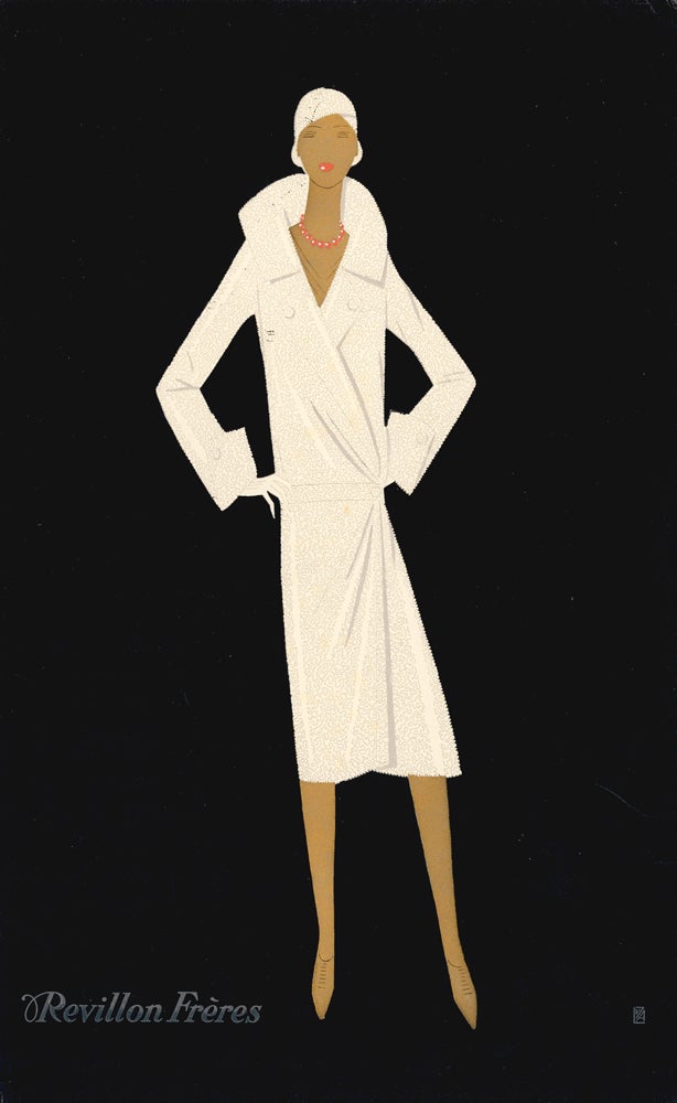 Item nr. 157518 Woman in gold wearing fitted fur trench coat and cap, on black background. Trade Catalogue. Reynaldo Luza, Revillon Frères.