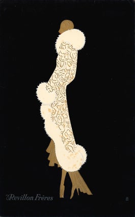 Item nr. 157519 Woman in gold wearing patterned coat with white fur trim, on black background....