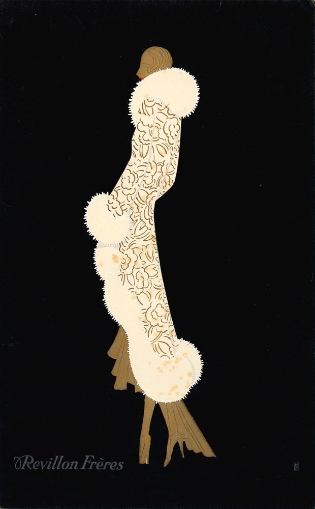 Item nr. 157519 Woman in gold wearing patterned coat with white fur trim, on black background. Trade Catalogue. Reynaldo Luza, Revillon Frères.