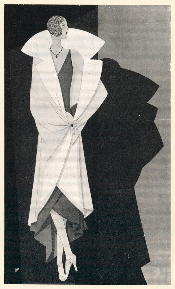 Item nr. 157524 Large white fur coat with oversized lapels, on geometric background. Trade Catalogue. Reynaldo Luza, Revillon Frères.