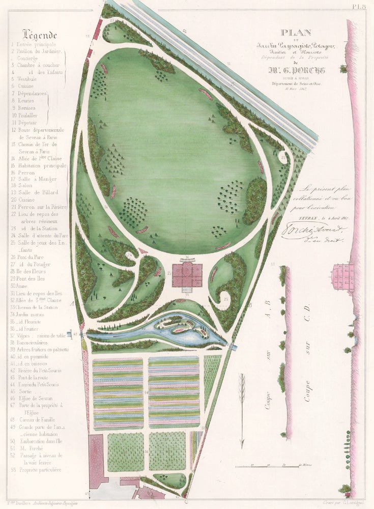 Item nr. 157587 Pl. 8. Plan du Jardin Paysagiste, Potager, Fruitier et Fleuriste, Dépendant de la Propriété de Mr. G. Porcre. Les parcs et jardins. François Duvillers.