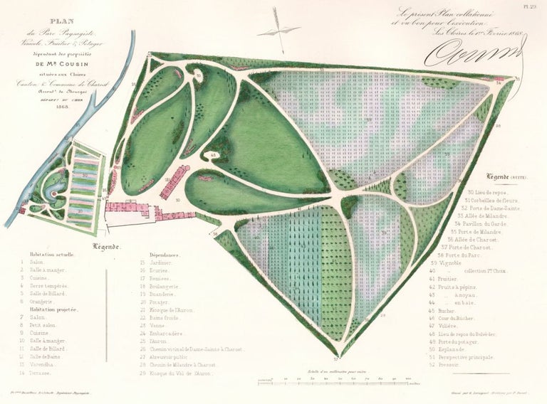 Item nr. 157601 Pl. 29. Plan du Parc Paysagiste, Vinicole, Fruitier, & Potager dependant des proprietes de Mr. Cousin... Les parcs et jardins. François Duvillers.