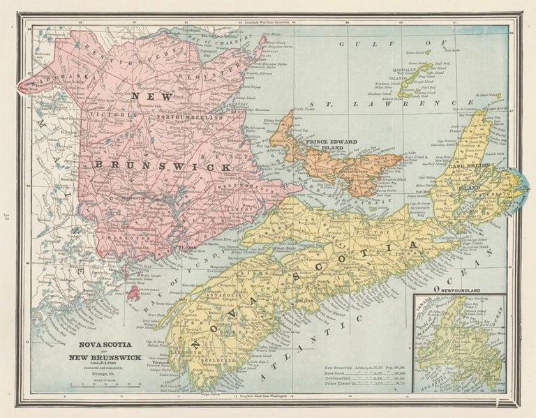 Item nr. 159024 Nova Scotia and New Brunswick, with Prince Edward Island and Newfoundland. Cram's Unrivaled Atlas of the World. George Franklin Cram.