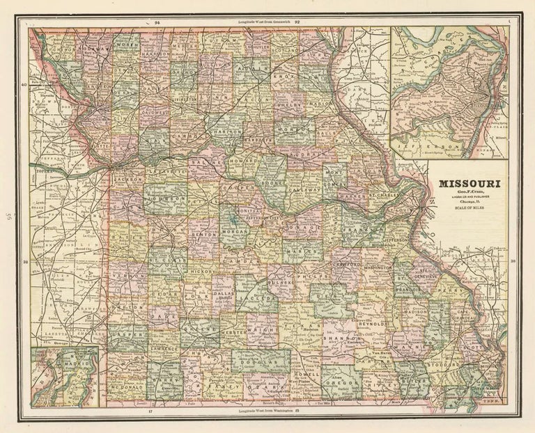 Item nr. 159026 Missouri, with Iowa on the verso. Cram's Unrivaled Atlas of the World. George Franklin Cram.