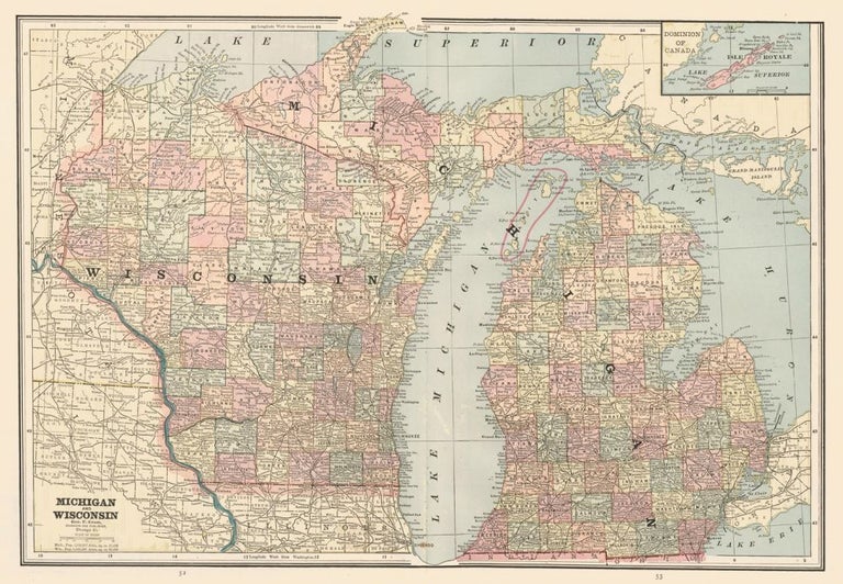 Item nr. 159033 Michigan and Wisconsin. Cram's Unrivaled Atlas of the World. George Franklin Cram.