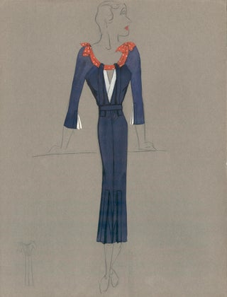 Item nr. 159215 Blue Midi Sailor Dress with Scarf Trim. Fashion Illustrations. Charlotte Revyl