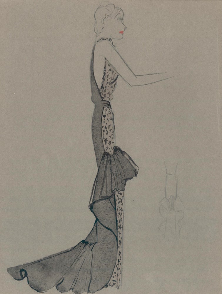 Item nr. 159216 Black and Animal Print Mermaid Ruffle Gown. Fashion Illustrations. Charlotte Revyl.
